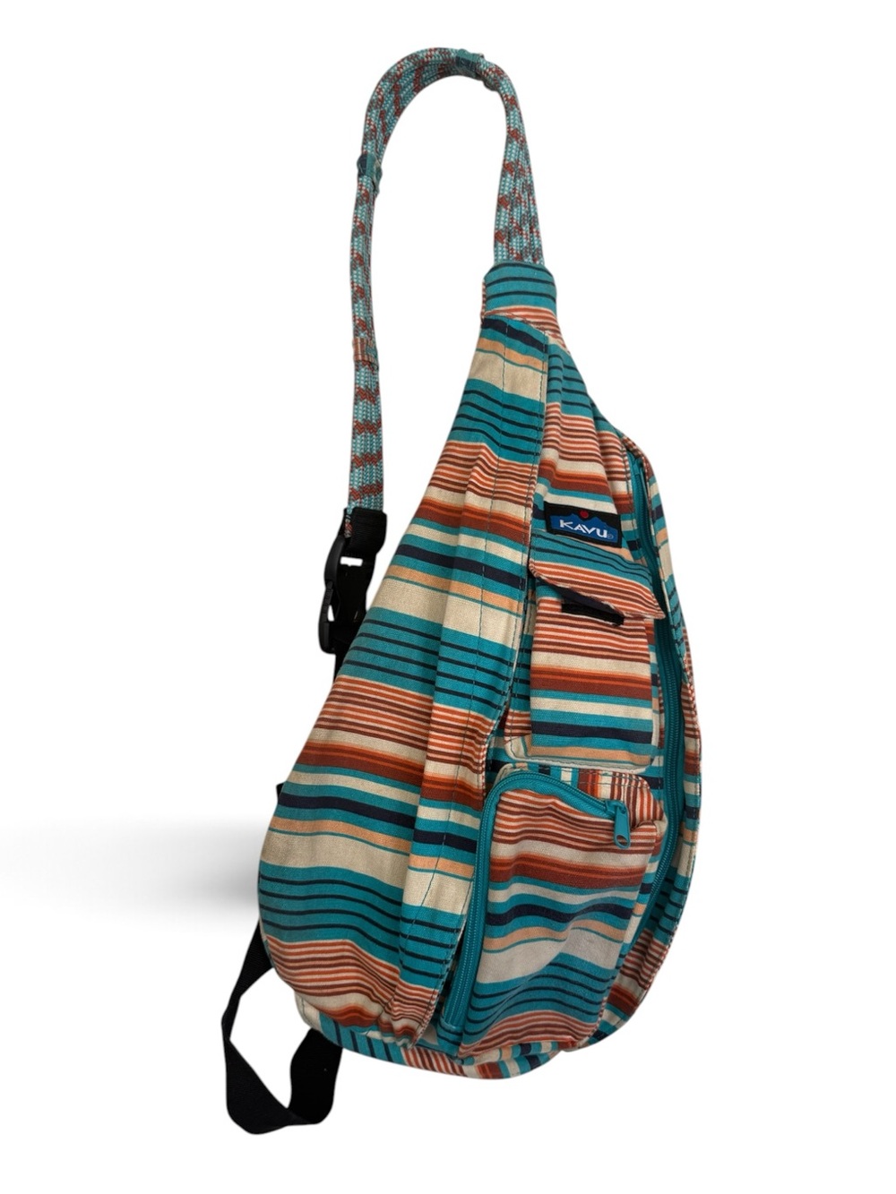 KAVU Rope Sling Bag Teal Orange Striped Canvas Crossbody Backpack